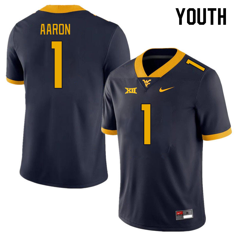 Youth #1 Jeremiah Aaron West Virginia Mountaineers College Football Jerseys Stitched Sale-Navy - Click Image to Close